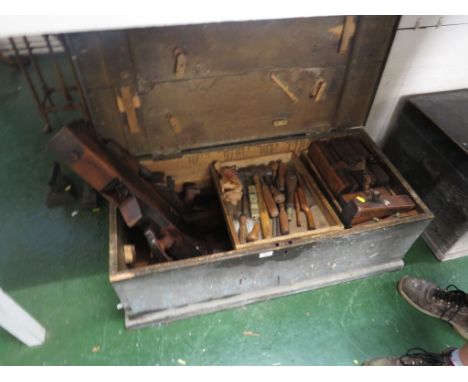 PAINTED CHEST WITH CONTENTS OF WOOD PLANES, CHISELS AND OTHER TOOLS