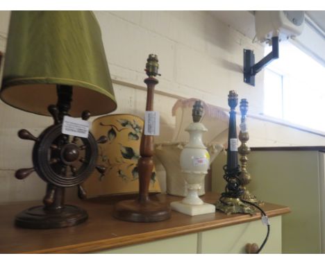 FIVE ASSORTED TABLE LAMPS AND FOUR LAMP SHADES (ONE NEEDS A PLUG, FOUR NEED REWIRING)