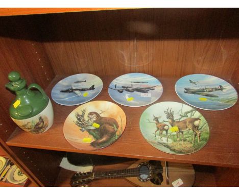 FIVE CHINA DISPLAYS PLATES WITH CERAMIC BOTTLE