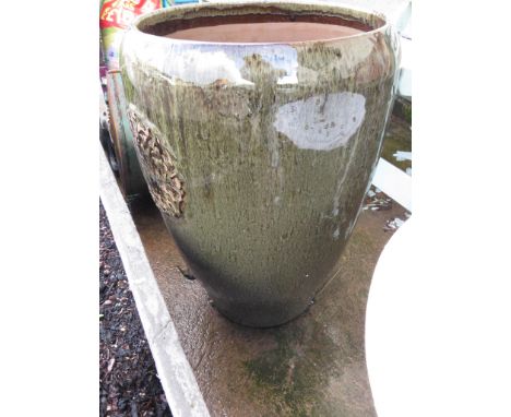 LARGE MOTTLED GREEN GLAZED CERAMIC GARDEN POT