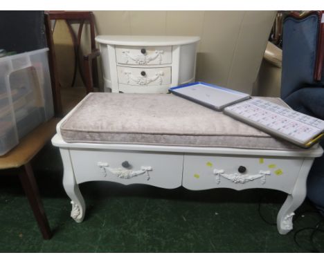 DUNELM CREAM PAINTED TWO-DRAWER DEMI-LUNE TABLE, AND A CREAM PAINTED TWO-DRAWER BENCH SEAT