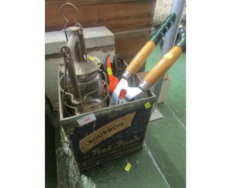 PEEK FREAN VINTAGE BISCUITS TIN, HURRICANE LAMP AND SHEARS