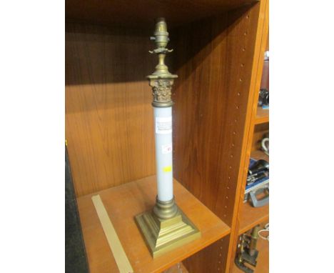 ELECTRIC TABLE LAMP AS A CLASSICAL COLUMN WITH WHITE GLASS BODY AND BRASS MOUNTS (NEEDS REWIRING)