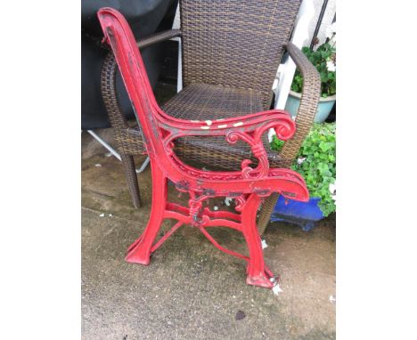 RED PAINTED CAST METAL GARDEN BENCH ENDS