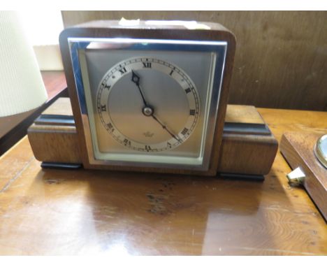 ELLIOTT ART DECO STYLE MAHOGANY MANTLE CLOCK, AND WOOD MOUNTED BAROMETER, THERMOMETER, AND HYDROGRAPH