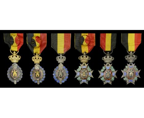 Belgium, Kingdom, Decoration for Workers and Artisans (3), First Class breast badge (2), silvered, gilt, and enamel, both wit