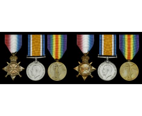 Three: Deck Hand T. Hunt, Royal Naval Reserve 1914-15 Star (D.A. 8104, T. Hunt, D.H., R.N.R.); British War and Victory Medals