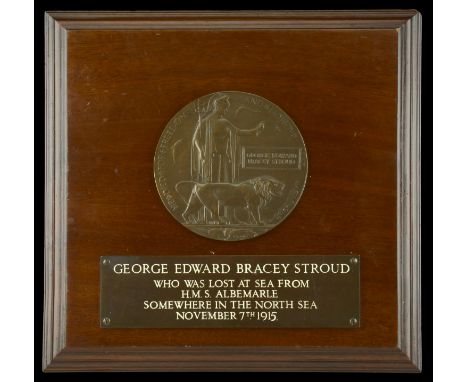 Memorial Plaque (George Edward Bracey Stroud) mounted for display on a wooden base with plaque inscribed ‘George Edward Brace