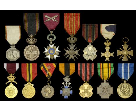 Belgium, Kingdom, Order of the Crown, Fifth Class breast badge, silvered, gilt, and enamel, with crossed swords on riband; Go