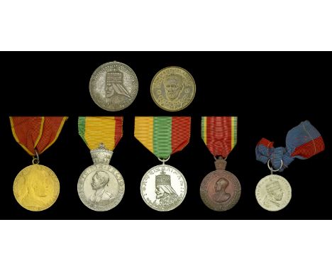 Ethiopia, Empire, Medal of Merit of Menelik I (2), gold medal, gilt, of bazaar manufacture; silver medal; Coronation Medal of