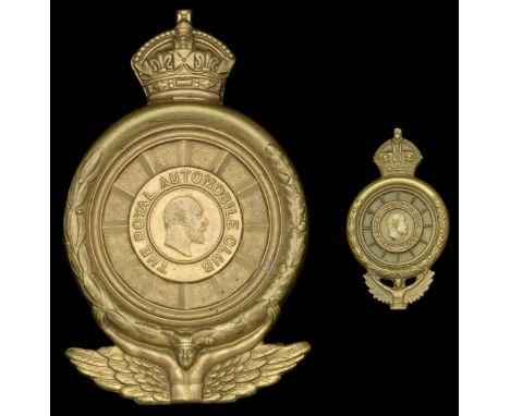 The Royal Automobile Club Insignia c.1914-18. A Bronze cap badge crown wheel with Motto, with bronze lugs; and a scarce large