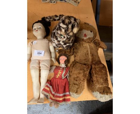 FOUR VARIOUS VINTAGE DOLLS AND TEDDIES 