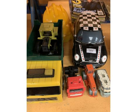 A TONKA TRUCK, A LARGE MINI, TRACTOR, STEAM ROLLER ETC  TO INCLUDE CORGI AND DINKY WITH TWO HATS JCB &amp; CAT 