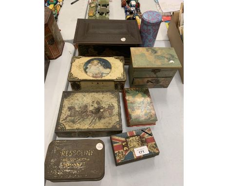 EIGHT ORIGINAL VINTAGE ADVERTISING TINS AND BOXES 