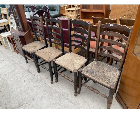 FOUR OAK LADDER BACK DINING CHAIRS WITH RUSH SEATS 