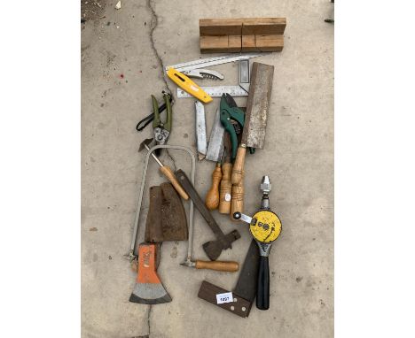 VARIOUS TOOLS TO INCLUDE AXES, KNIVES, PRUNERS, DRILL ETC 