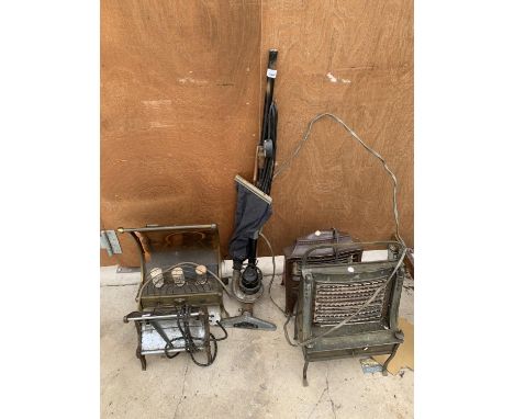 FOUR VINTAGE ELECTRIC FIRES AND A VINTAGE VACUUM CLEANER 