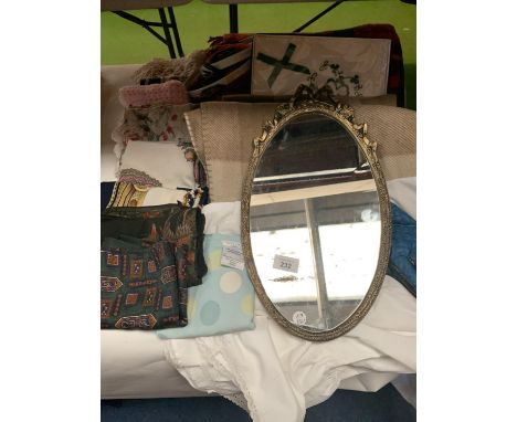 A TARTAN BLANKET, SCARVES, MIRROR, VINTAGE PETTICOATS ETC 