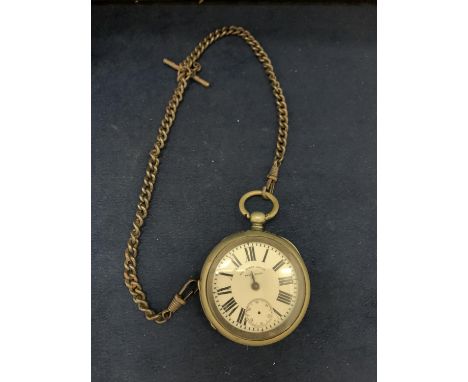 A VINTAGE PLATED POCKET WATCH WITH CHAIN 