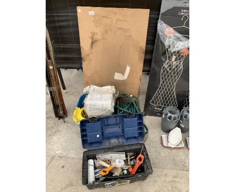 VARIOUS ITEMS TO INCLUDE A TOOL BOX AND CONTENTS, HOSE PIPE, PASTING TABLE ETC 