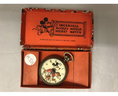 A VINTAGE INGERSOLL MICKEY MOUSE POCKET WATCH WITH ORIGINAL BOX  (NO LENS) 