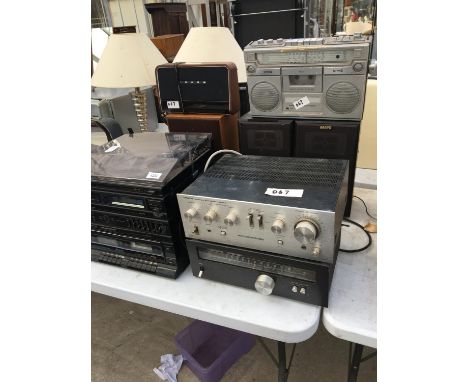 A QUANTITY TO INCLUDE SANYO STEREO SYSTEM, AMPLIFIER, SPEAKERS ETC. 