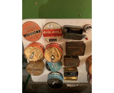 EIGHT ORIGINAL VINTAGE CLEANING TINS TO INCLUDE FLOOR MOPS AND SHOE CLEANING KITS ETC 