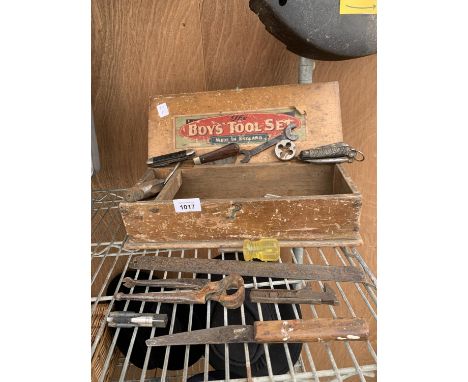 A VINTAGE WOODEN BOYS TOOL BOX WITH PEN KNIVES, PINCERS, RASP ETC 
