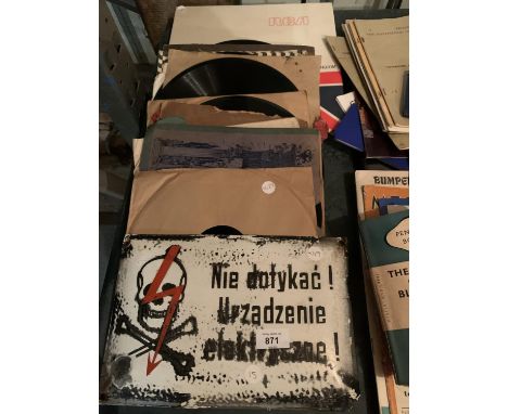 VARIOUS OLD LP RECORDS AND AN ENAMEL SIGN 