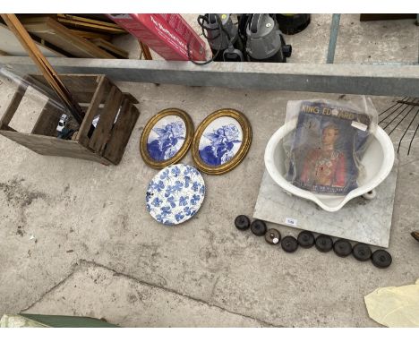 A MARBLE BASIN, BAKELITE LIGHT SWITCHES AND THREE CERAMIC PLAQUES AND A VINTAGE WOODEN CRATE AND CONTENTS 