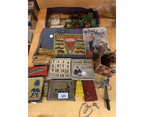 VARIOUS VINTAGE TOYS TO INCLUDE DINKY TOYS, PUZZLES ETC 