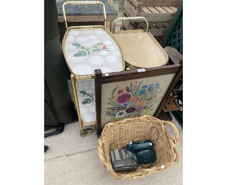 TWO TEA TROLLEYS, A TAPESTRY FIRE SCREEN AND A WICKER BASKET 