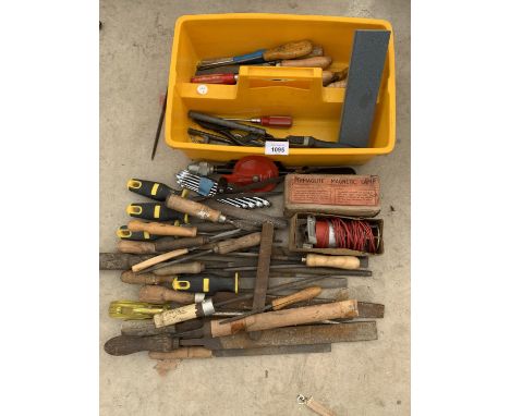 A LARGE QUANTITY OF TOOLS AND A CARRY BOX TO INCLUDE RASPS, SPANNERS, DRIIL, LAMP ETC 