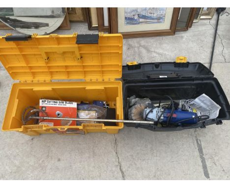 TWO TOOL BOXES CONTAINING A HILKA ANGLE GRINDER, BLADES ETC 