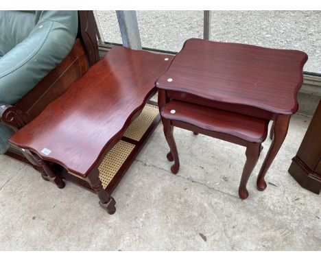 A MAHOGANY COFFEE TABLE WITH WOVEN LOWER SHELF AND A MAHOGANY NEST OF TWO TABLES 