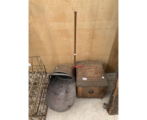 A VINTAGE LOG BOX, HUNTING HORN AND A COAL SCUTTLE 