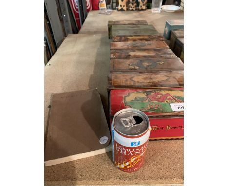 NINE ORIGINAL VINTAGE TINS, A SHANDY TIN AND A JACOBS CREAM CRACKERS INVOICE BOOK 