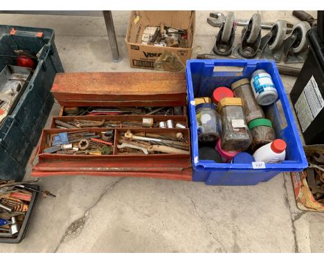 A METAL FOD OUT TOOL BOX AND CONTENTS AND A QUANTITY OF NAILS ETC 