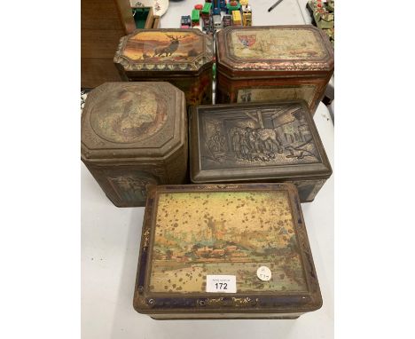 FIVE ORIGINAL VINTAGE DECORATIVE TINS 