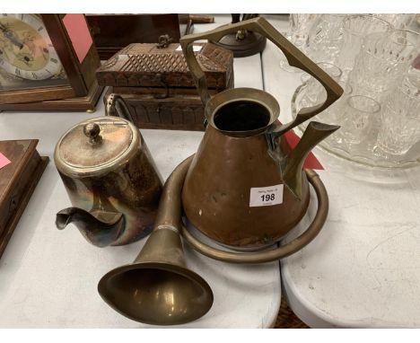 AN EPNS TEAPOT, COPPER AND BRASS HORN AND A KETTLE 