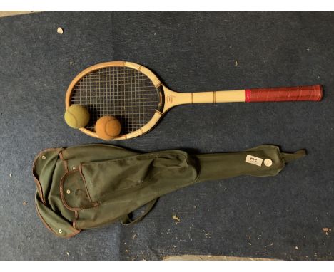 A VINTAGE SLAZENGER DEMON TENNIS RACKET IN CASE WITH BALLS 