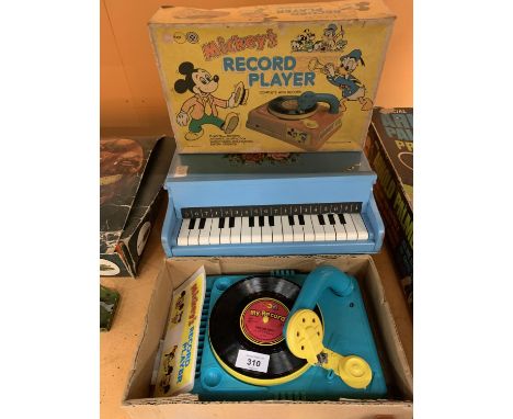 A CHILDS PIANO AND A VINTAGE BOXED MICKEY MOUSE RECORD PLAYER 
