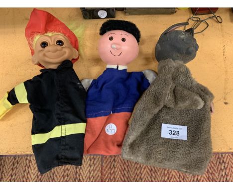 THREE VINTAGE HAND PUPPETS TO INCLUDE A TROLL 