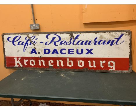 A VINTAGE ENAMEL FRENCH RESTAURANT SIGN 'CAFE RESTAURANT A. DACEUX KRONENBOURG' 200CM X 60CM 