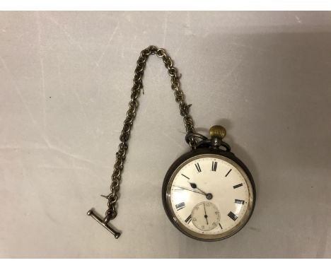 A HALLMARKED BIRMINGHAM SILVER OPEN FACE POCKET WATCH AND 925 SILVER CHAIN AND T BAR 