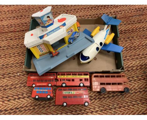 A VINTAGE FISHER PRICE AIRPORT WITH PLANE AND FIVE FRICTION POWERED BUSES 