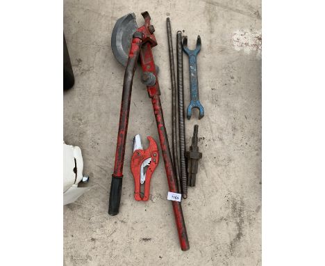 A LARGE PIPE BENDER, BASIN WRENCH ETC 