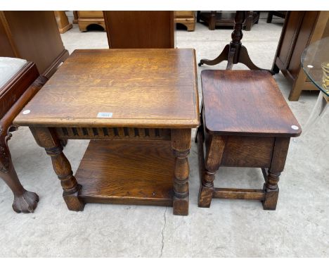 A SQUARE OAK SIDE TABLE WITH LOWER SHELF AND AN OAK STOOL WITH HINGED TOP 