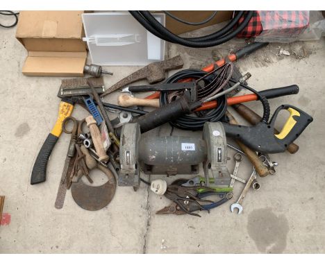 VARIOUS TOOLS TO INCLUDE A BENCH GRINDER, SPANNERS, AXE, GREASE GUN ETC 
