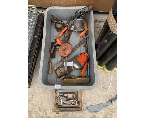 VARIOUS TOOLS TO INCLUDE OIL CAN, BLOW TORCH, DRILL, ALLAN KEYS ETC 